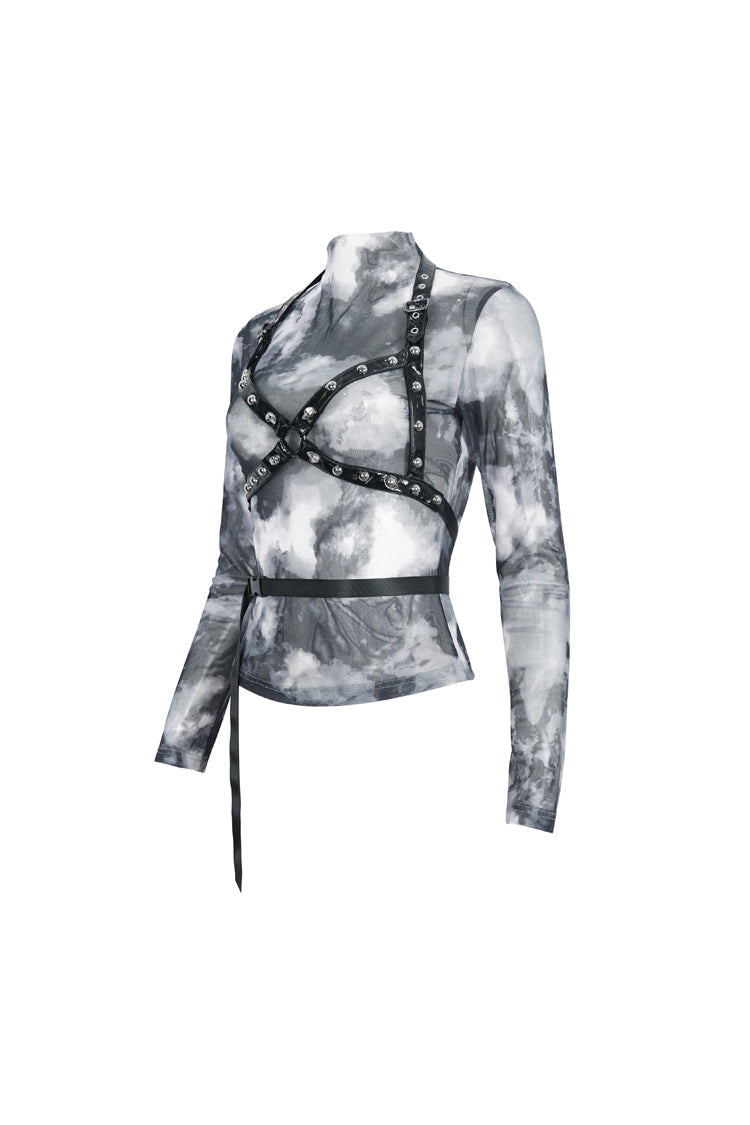 Black/Gay Tie Dyed Strappy Long Sleeved Womens Punk Shirt - Product - 7