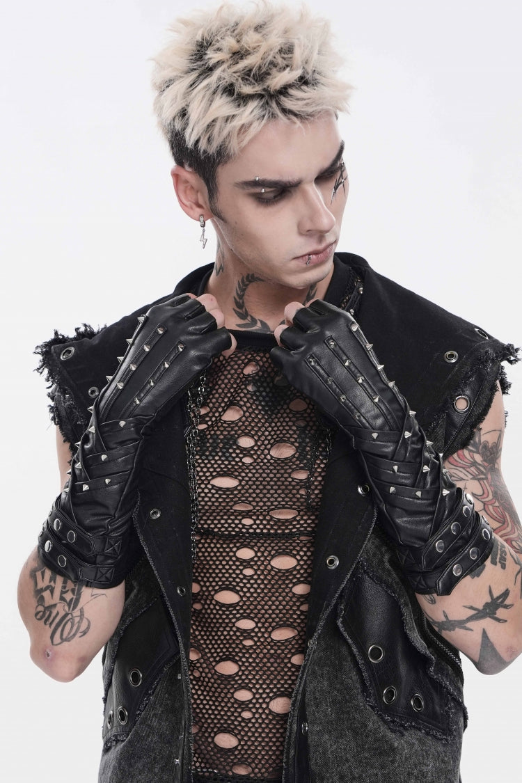 Black Studded Men's Punk Cool Fingerless Gloves - Product - 3