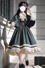 Green [Artemis SP] Ruffle Bowknot Lace College Style Elegant Lolita Jumper Dress - Product - 10