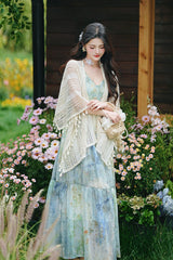 Blue/Green V Collar Sleeveless Ombre French Oil Painting Printed Ruffled Sweet Lolita Jsk Dress - Product - 5
