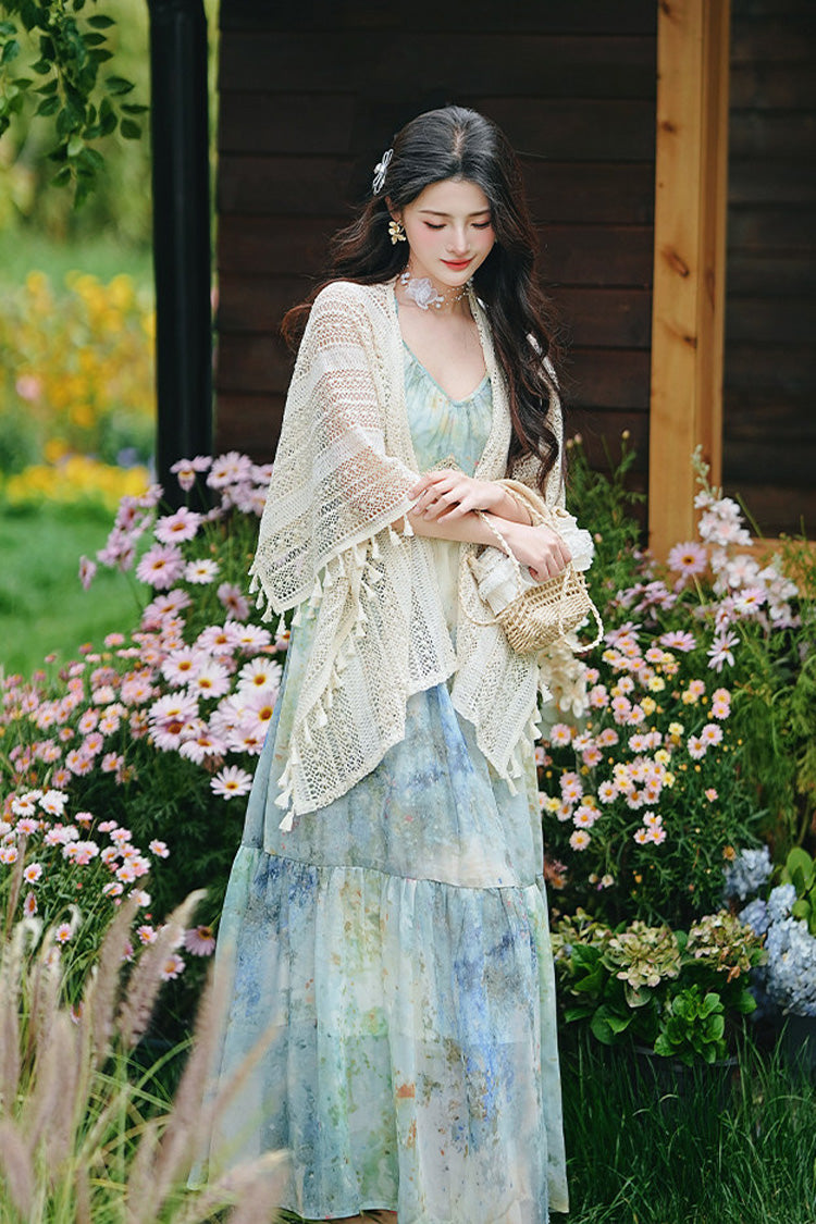 Blue/Green V Collar Sleeveless Ombre French Oil Painting Printed Ruffled Sweet Lolita Jsk Dress - Product - 5