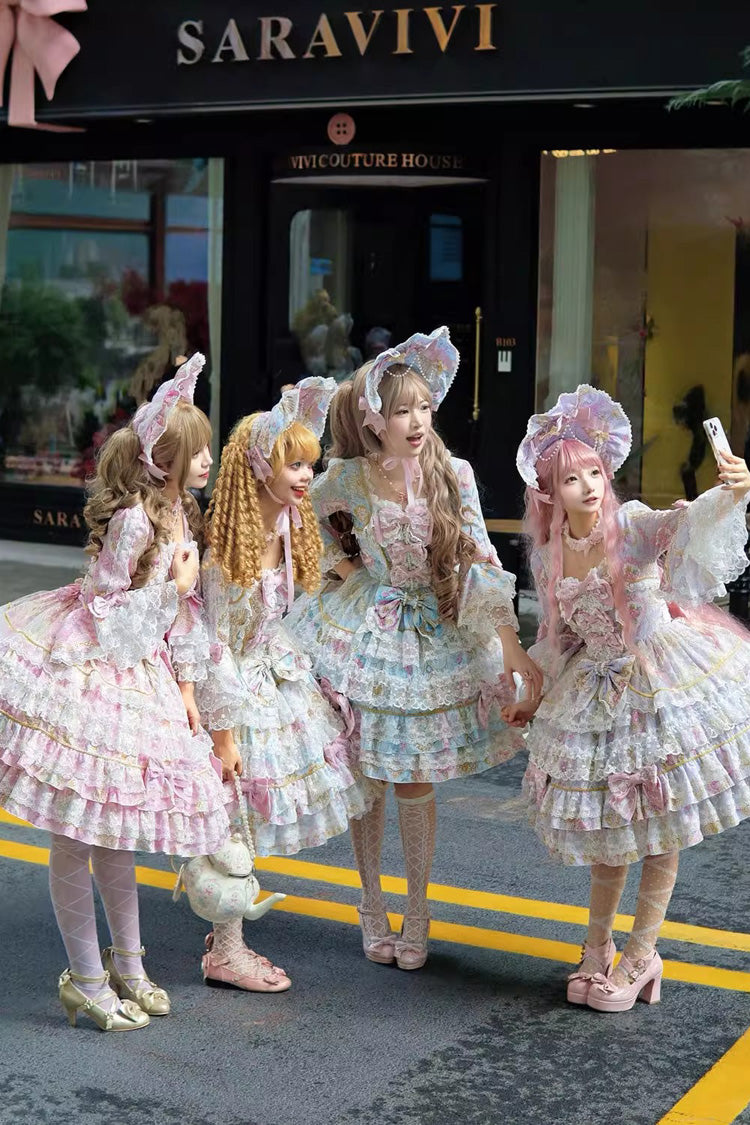 Apricot [Candlelight Elegance] Long Trumpet Sleeves Multi-Layered Ruffle Bowknot Lace Sweet Elegant Lolita Dress - Product - 9