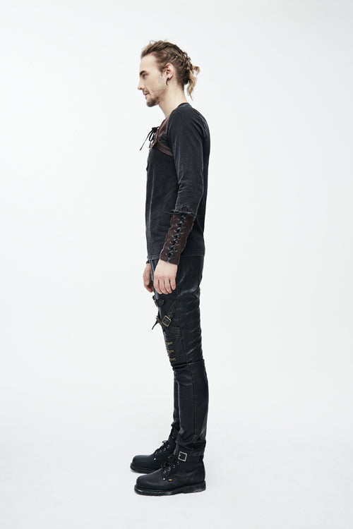 Brown Long Sleeves Designer Mens Punk T-Shirt - Product - 5