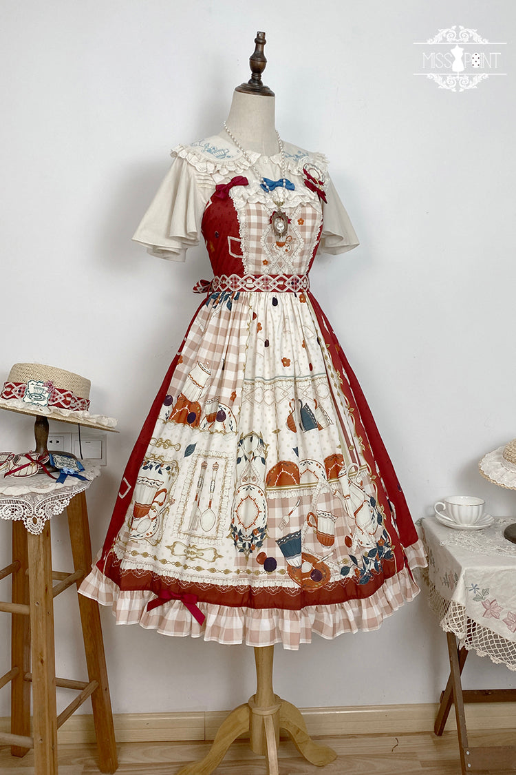 Red [Tea Party] Print Ruffle Bowknot Lace Sweet Elegant Lolita Jsk Dress - Product - 10