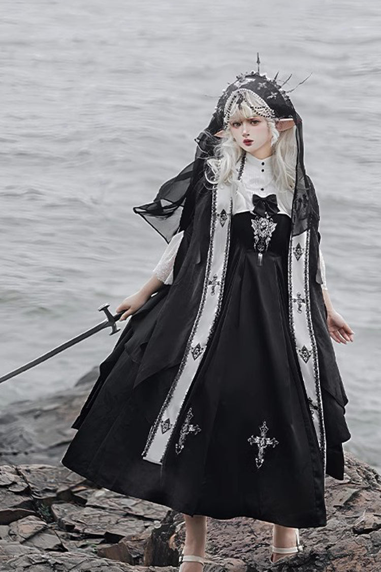 Black [Cross Nun] Stand Collar Off Shoulder Print Bowknot Gothic Elegant Lolita Dress - Product - 2