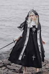 Black [Cross Nun] Stand Collar Off Shoulder Print Bowknot Gothic Elegant Lolita Dress - Product - 2