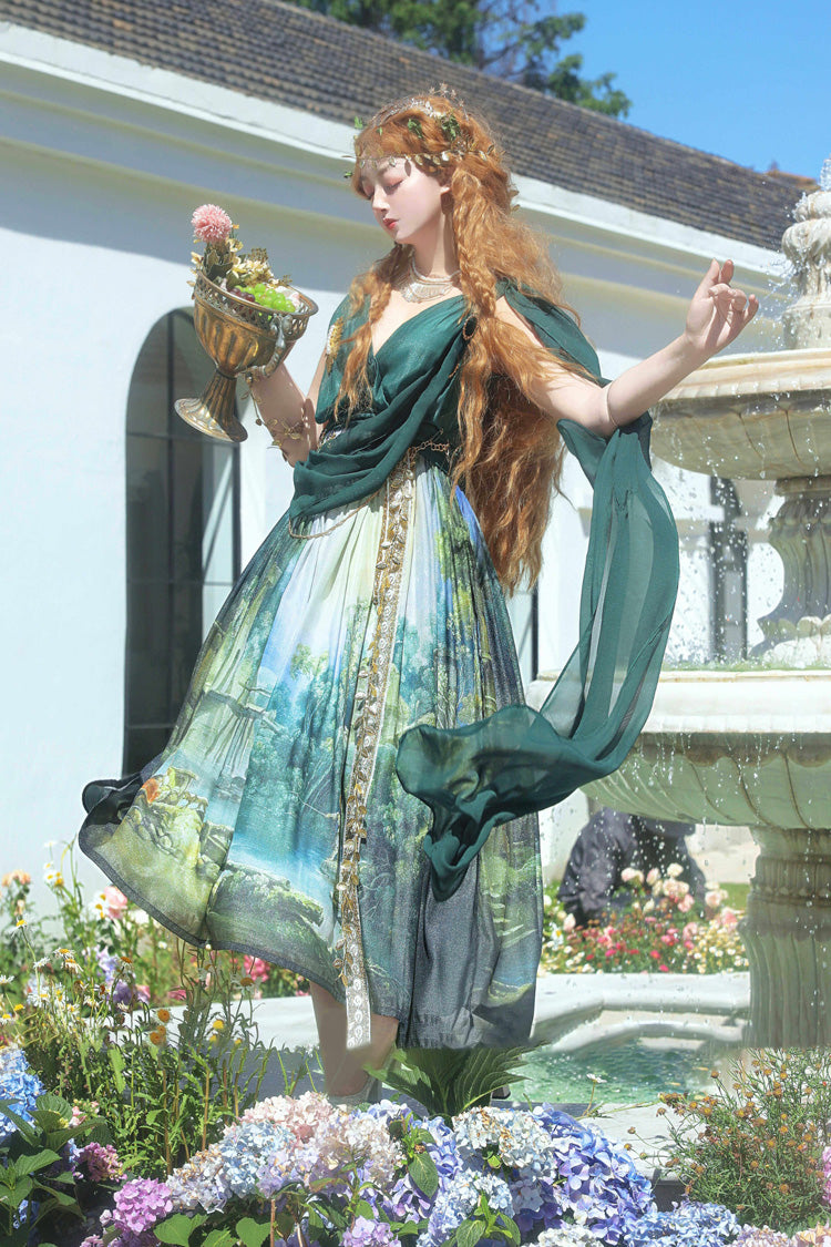 Green [Grace in Favor] V Collar Sleeveless Oil Painting Printed Sweet Lolita Jsk Dress - Green - 1