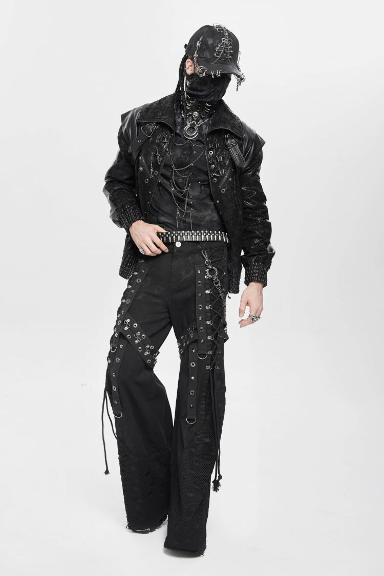 Black Spliced Lace-Up Mesh Ripped Men's Punk Baggy Pants - Product - 7