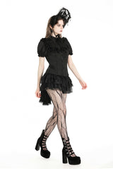 Black Point Collar Short Puff Sleeves Ruffled Women's Gothic Blouse - Product - 8