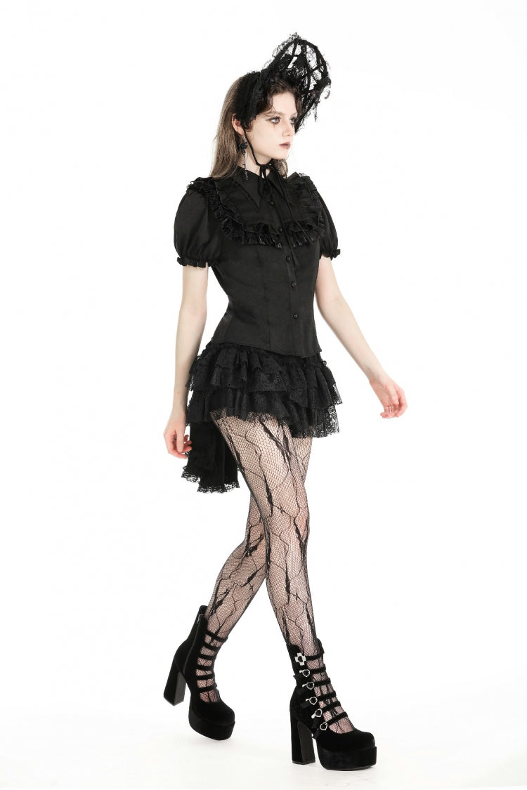 Black Point Collar Short Puff Sleeves Ruffled Women's Gothic Blouse - Product - 8