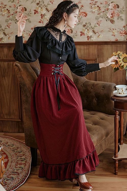 Wine Vintage Palace Style Ruffled Stripe Print High Waisted Classic Lolita Dress Skirt - Product - 3