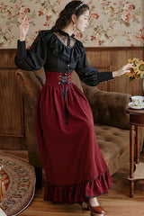 Wine Vintage Palace Style Ruffled Stripe Print High Waisted Classic Lolita Dress Skirt - Product - 3