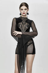 Black Translucent Embroidered Flared Sleeves Sexy Velvet Gothic Womens Dress - Product - 2