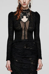 Black Rose Stand Collar Long Sleeves Print Lace Lace-Up Sheer Womens Gothic Blouse - Black - 1