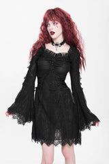 Black Square Collar Long Trumpet Sleeves Embroidered Lace-Up Women's Gothic Dress - Product - 6