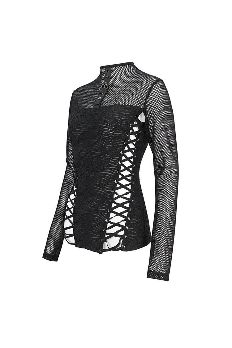 Black Strappy Mesh Splice Ruched Women's Punk Shirt - Product - 7