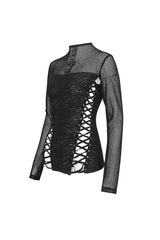 Black Strappy Mesh Splice Ruched Women's Punk Shirt - Product - 7