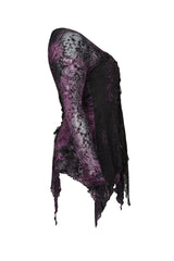 Purple V-Neck Front Splice Rose Lace Mesh Back Waist Lace-Up Irregular Hem Plus Size Knit Women's Gothic T-Shirt - Product - 6