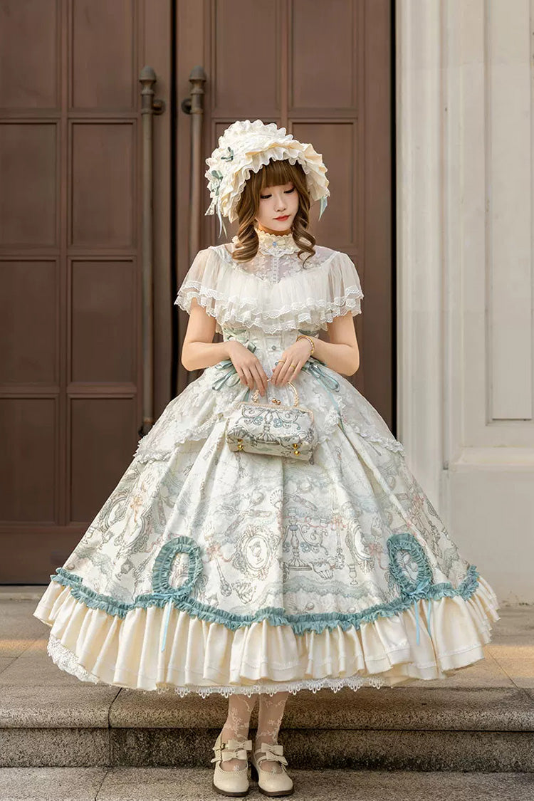 Ivory [Cloudborne Prelude] Edwardian Collar Jacquard Printed Ruffled Bow Lace Fishbone Sweet Classic Lolita Dress - Product - 5