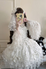White [Sweetheart] Sleeveless Multi-Layered Embroidered Bow Lace Lace-Up Sweet Lolita Jsk Dress - Product - 6