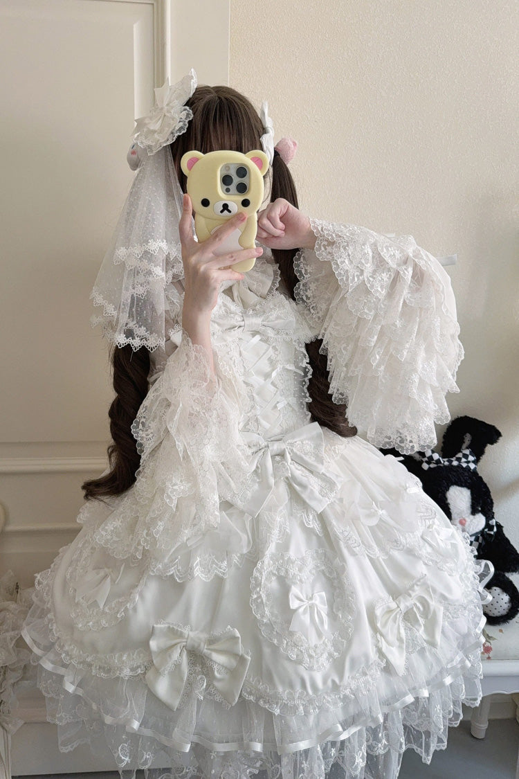 White [Sweetheart] Sleeveless Multi-Layered Embroidered Bow Lace Lace-Up Sweet Lolita Jsk Dress - Product - 6