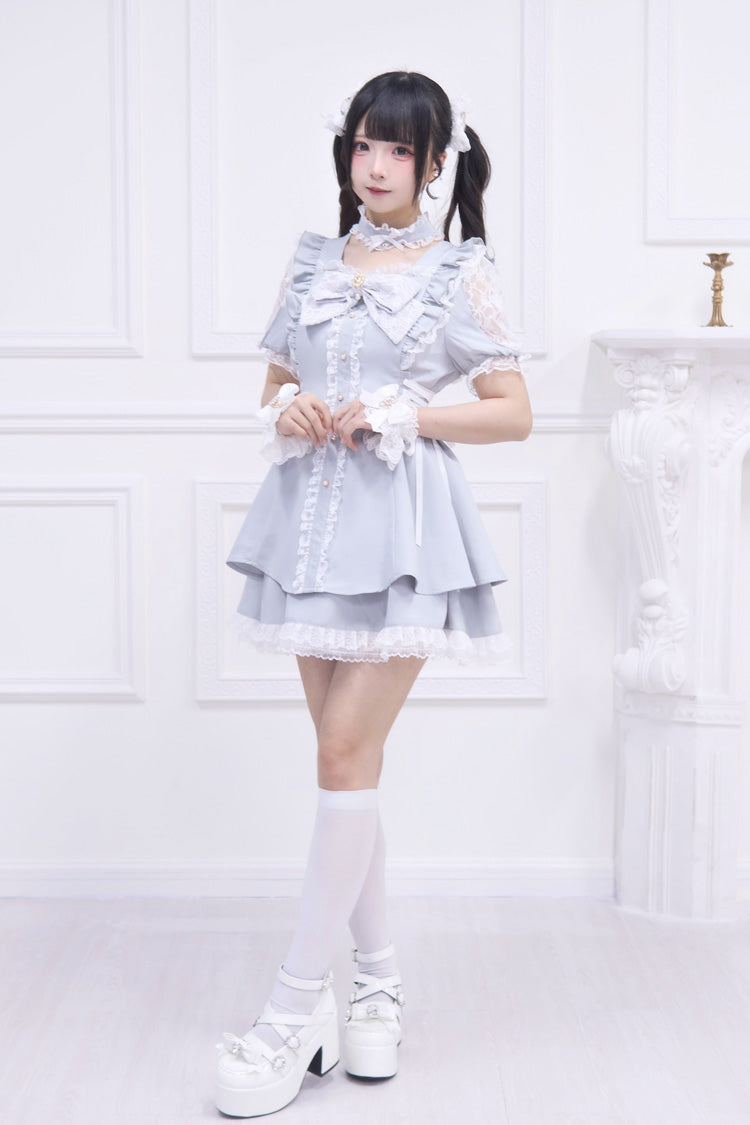Light Blue [Waltz] Short Sleeves Ruffle Bowknot Gothic Jirai Kei Japanese Dress Set - Product - 5