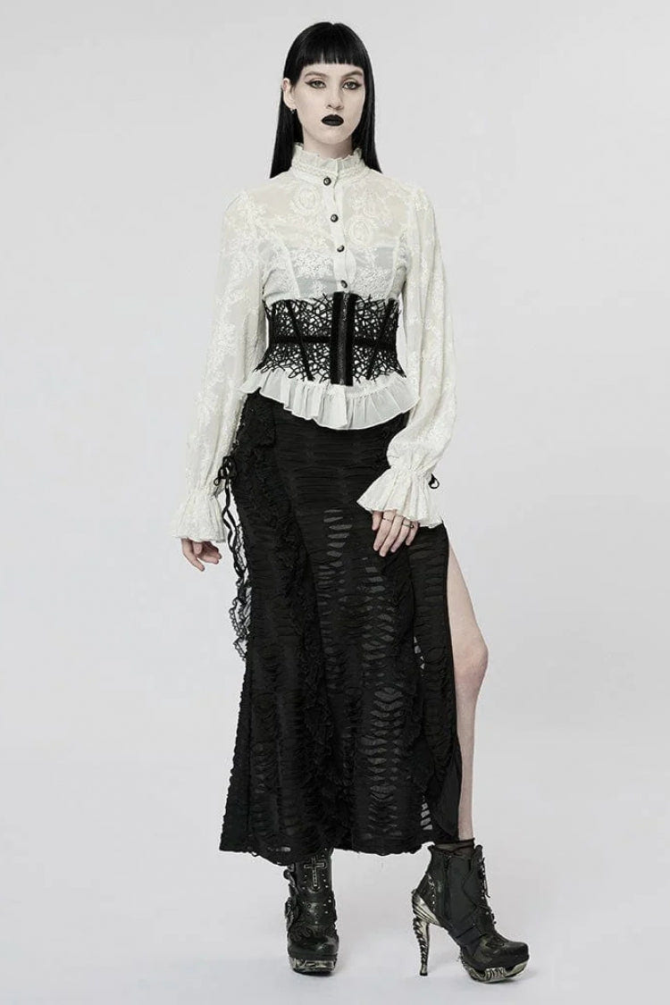 Stand Collar Long Puff Sleeves Embroidery Womens Gothic Blouse 2 Colors - Product - 8