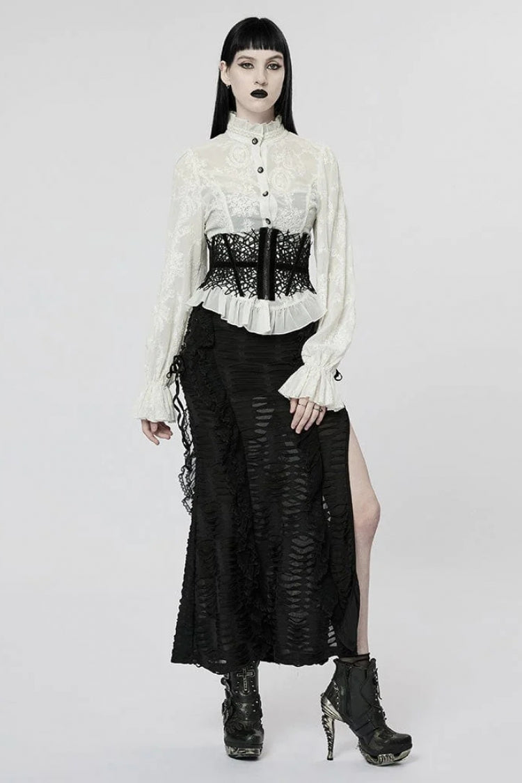 Stand Collar Long Puff Sleeves Embroidery Womens Gothic Blouse 2 Colors - Product - 8