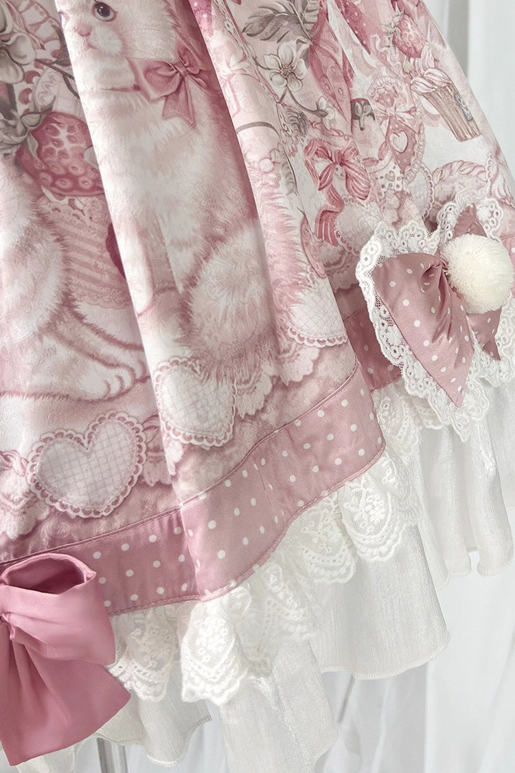 Pink [Cat Dessert House] Print Ruffle Bowknot Sweet Lolita Jsk Dress Set - Product - 9
