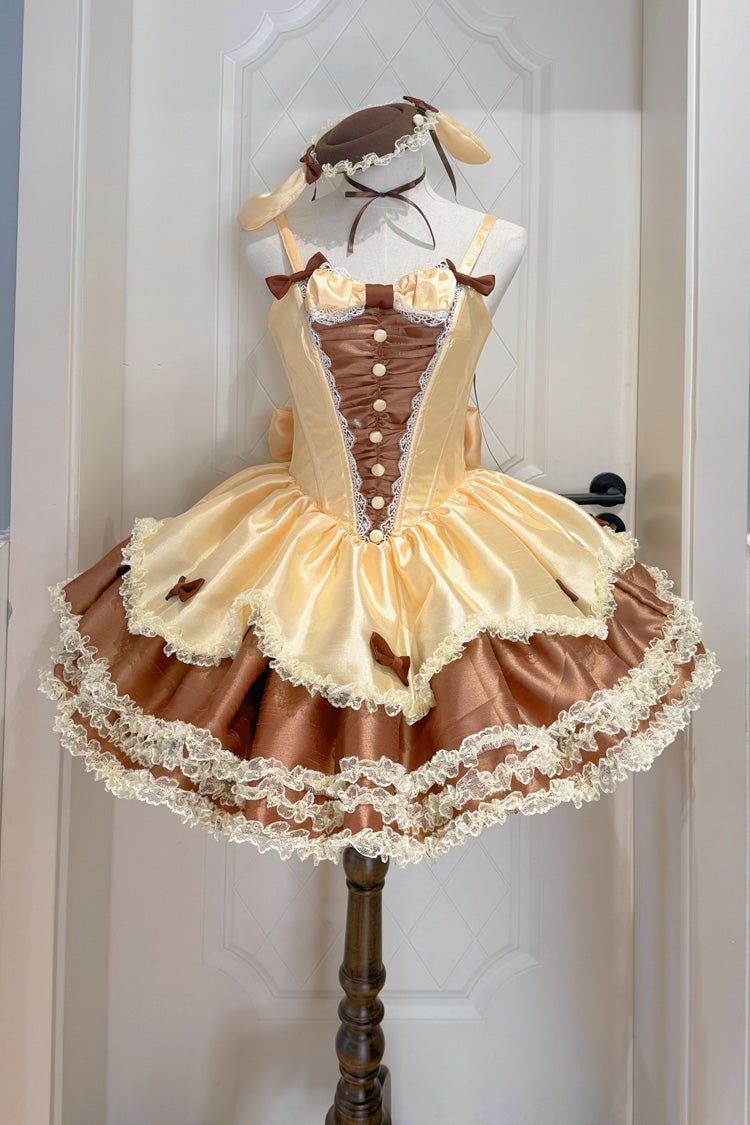 Brown [Jasmine Rain] Square Collar Sleeveless Triple-Layered Polka Dot Printed Ruffled Bow Lace Sweet Lolita Jsk Dress - Brown(Dress-Only) - 1