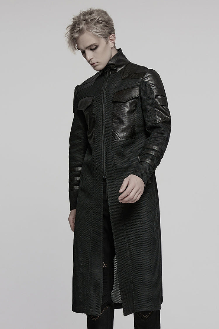 Black Stand Collar Long Sleeves Faux Leather Stitching Mesh Men's Punk Coat - Product - 2