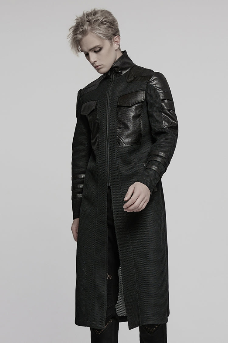 Black Stand Collar Long Sleeves Faux Leather Stitching Mesh Men's Punk Coat - Product - 2