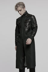 Black Stand Collar Long Sleeves Faux Leather Stitching Mesh Men's Punk Coat - Product - 2