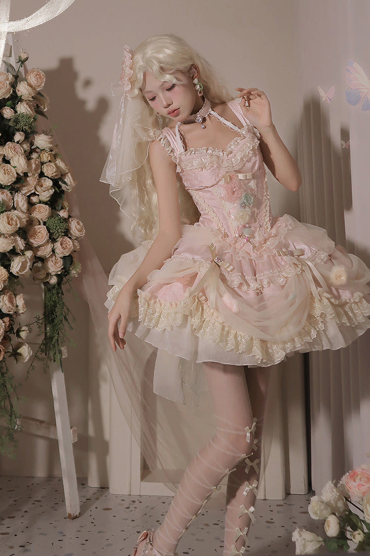 Pink [Dream Garden] Ruffle Hanayome Embroidery Bowknot Lace Fishbone Sweet Princess Gorgeous Lolita Jsk Dress - Product - 12
