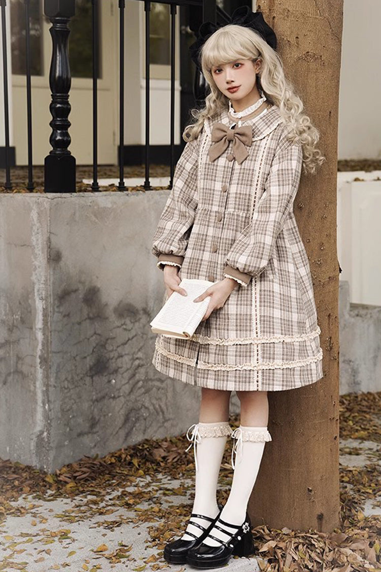 Light Brown Doll Collar Long Sleeves Multi-layer Print Bowknot Sweet College Style Lolita Dress Coat - Product - 6