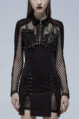 Lapel Collar Long Sleeves Print Hollow Irregular Metal Decorative Zipper Womens Steampunk Coat 2 Colors - Red/Black - 9