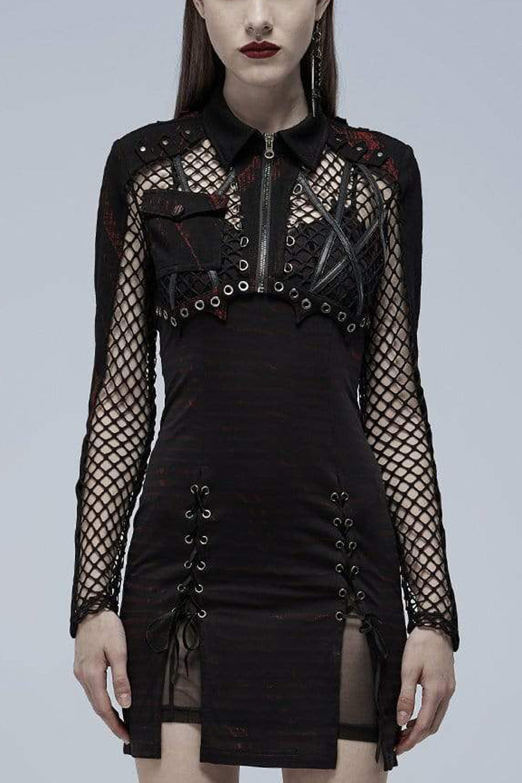 Lapel Collar Long Sleeves Print Hollow Irregular Metal Decorative Zipper Womens Steampunk Coat 2 Colors - Red/Black - 9
