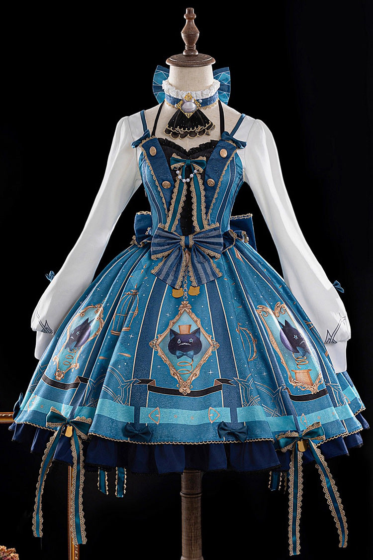 Blue/Green Genshin Impact Lynette Korean Cafe Style Cosplay Long Sleeves Print Bowknot Lace Sweet Lolita Dress Set - Blue/Green - 1