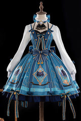 Blue/Green Genshin Impact Lynette Korean Cafe Style Cosplay Long Sleeves Print Bowknot Lace Sweet Lolita Dress Set - Blue/Green - 1