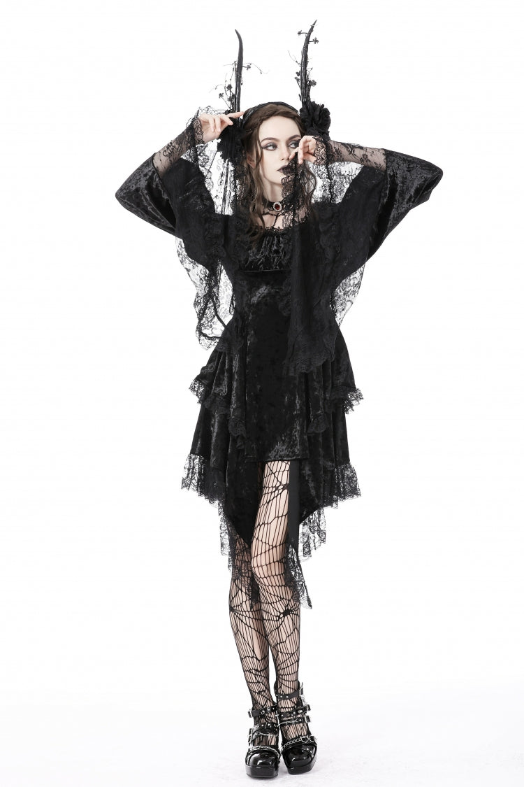 Black Irregular Long Trumpet Sleeves Lace Spliced Women's Gothic Velvet Graduation Dress - Product - 6