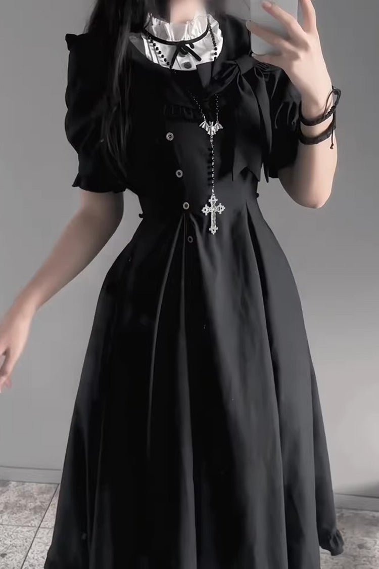Black [Day & Night] Stand Collar Short Sleeves Ruffled Gothic Elegant Lolita Dress - Product - 4