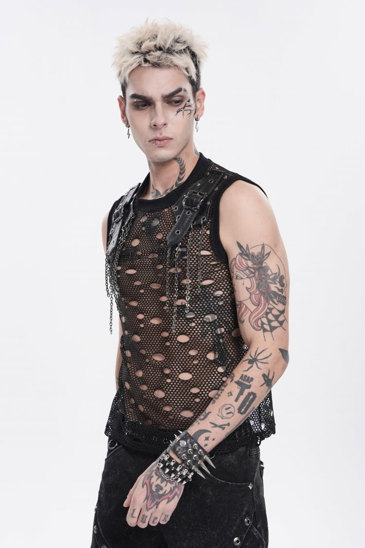 Black Round Collar Sleeveless Cut-Out Mesh Ripped Chain-Decorated Eyelet Men's Punk Cool Vest - Product - 9