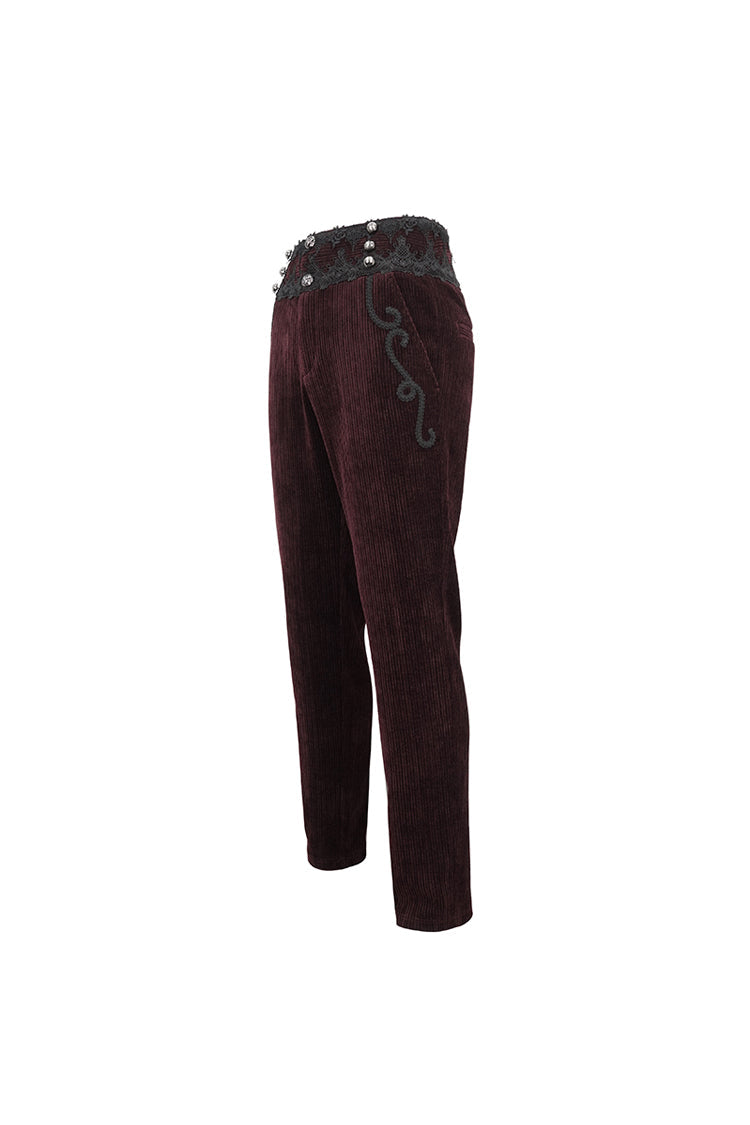 Red High Waisted Lace Splice Men's Gothic Pants - Product - 9