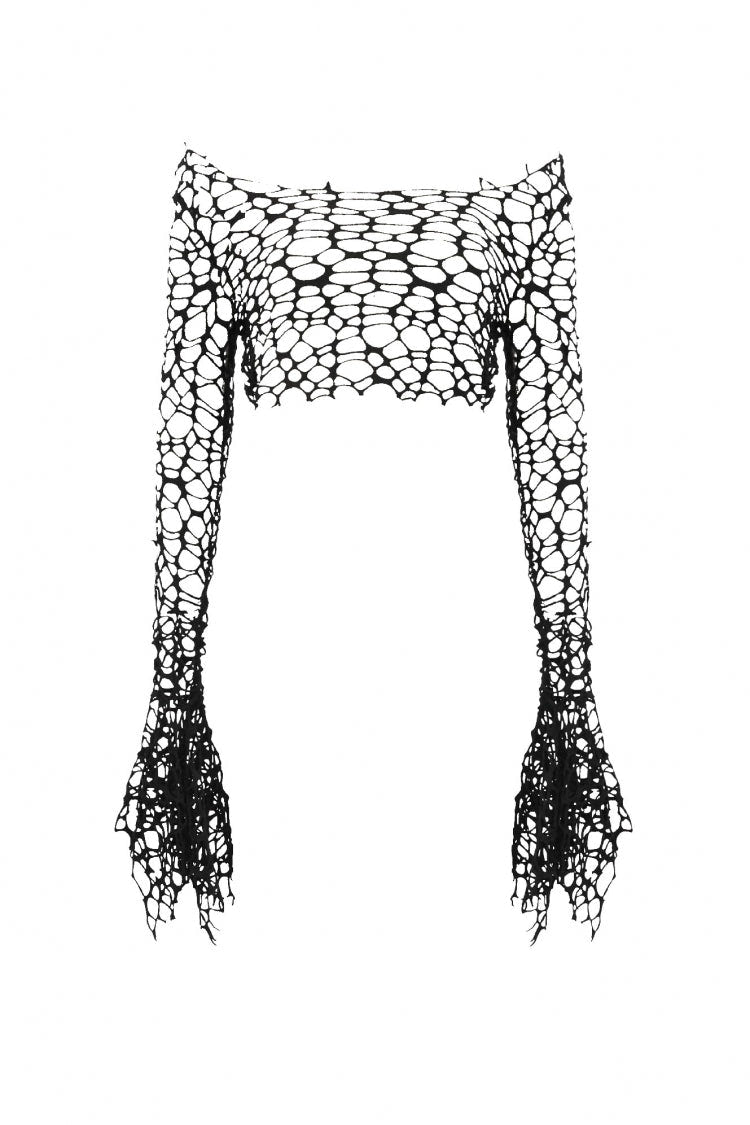 Black Women's Gothic Long Flared Sleeves Hollow-out Mesh Crop Top - Product - 3