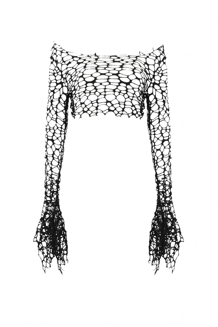 Black Women's Gothic Long Flared Sleeves Hollow-out Mesh Crop Top - Product - 3