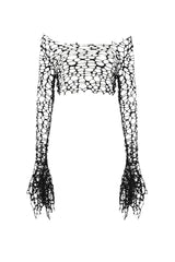 Black Women's Gothic Long Flared Sleeves Hollow-out Mesh Crop Top - Product - 3