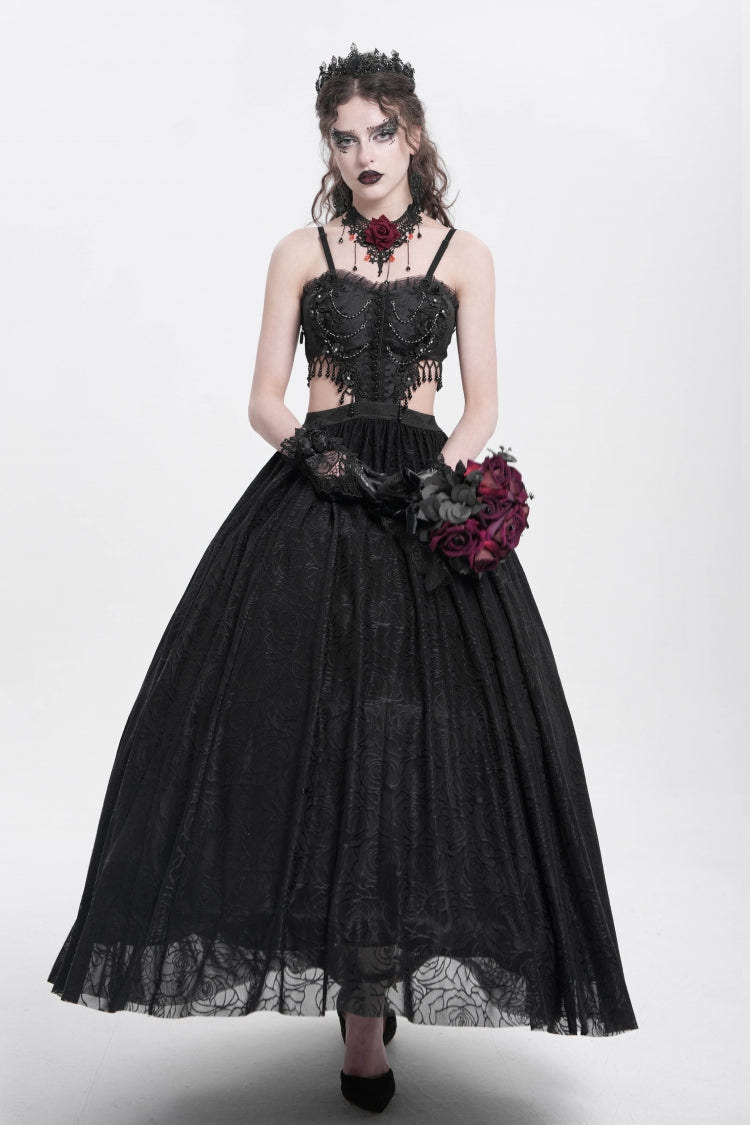 Black Jacquard Floral Embroidery Lace Ripped Women's Gothic Party Slip Dress - Product - 11