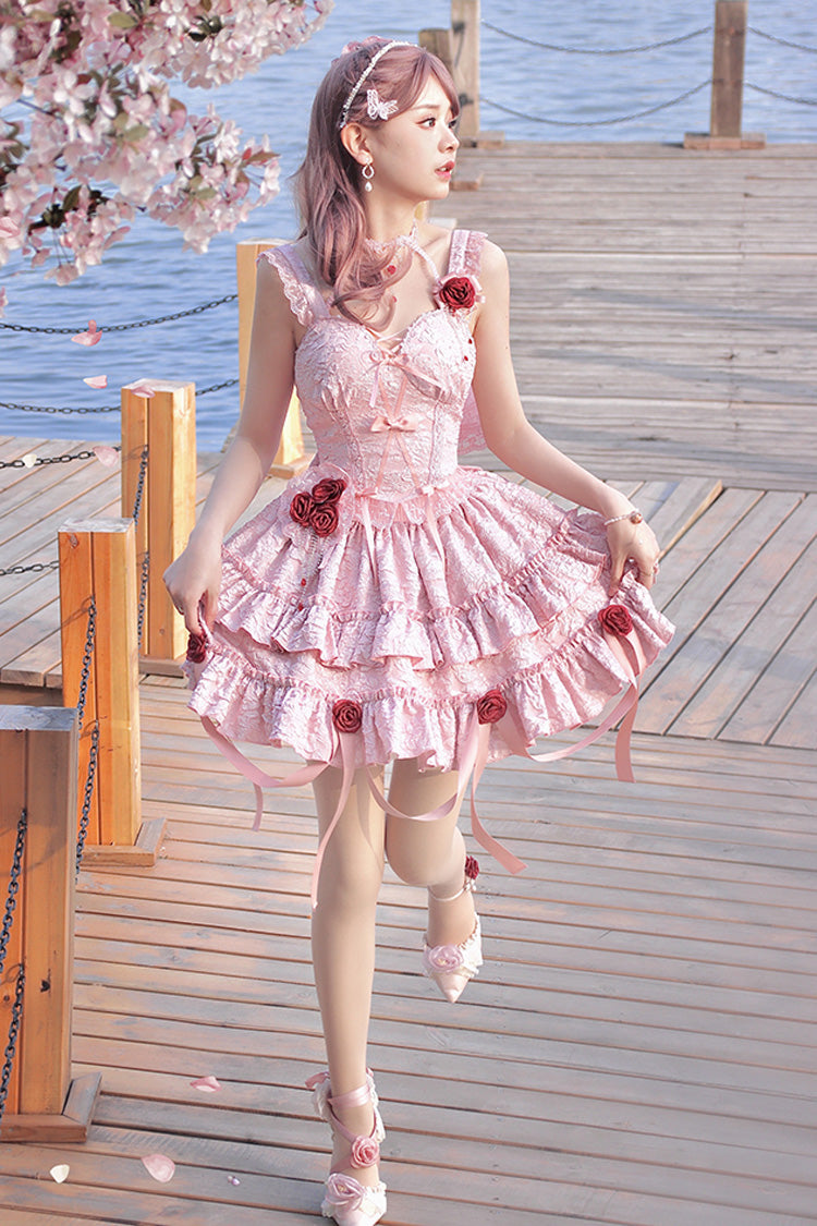 Pink Weeping Rose Double-Layered Ruffle Embroidery Bowknot Lace Sweet Ballet Lolita Skirt Set - Product - 4