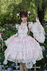 Pink [Spring Entwined with Cherry Clouds] Short Sleeves Embroidered Bow Lace Sweet Chinese Style Lolita Dress - Pink - 1