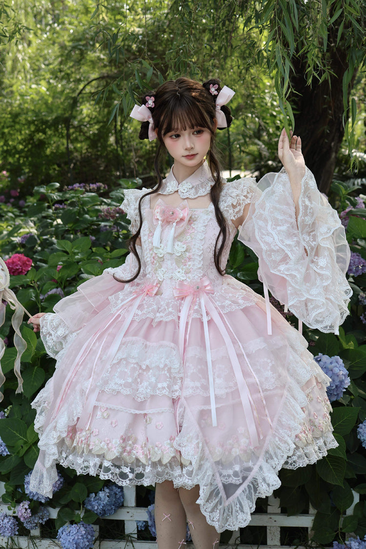 Pink [Spring Entwined with Cherry Clouds] Short Sleeves Embroidered Bow Lace Sweet Chinese Style Lolita Dress - Pink - 1